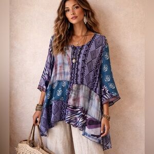 Sterling Styles Vintage Mixed Media Button Down Art To Wear Lagenlook Blouse O/S